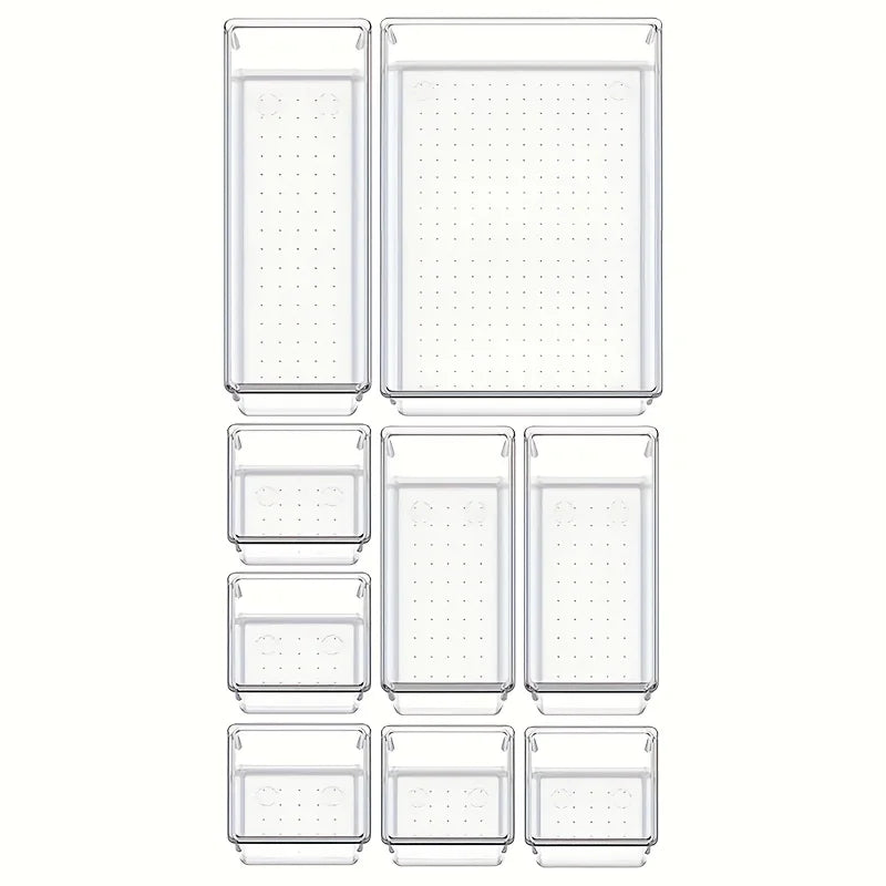 10-Piece Versatile Drawer Organizer Set - Clear Plastic Trays and Dividers in 4 Sizes for Perfect Makeup and Kitchen Storage