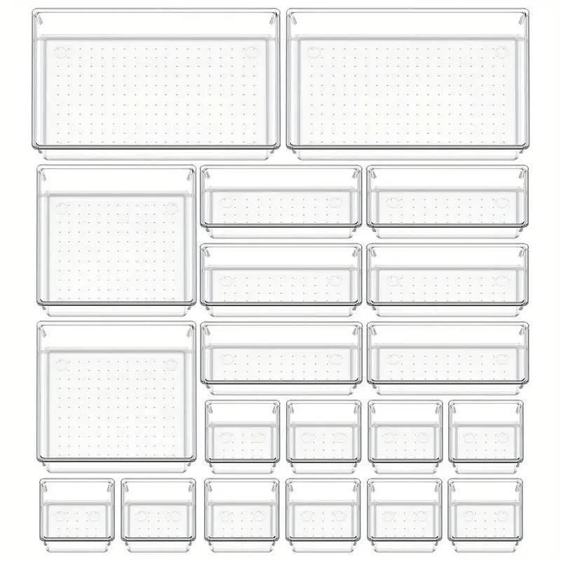 10-Piece Versatile Drawer Organizer Set - Clear Plastic Trays and Dividers in 4 Sizes for Perfect Makeup and Kitchen Storage