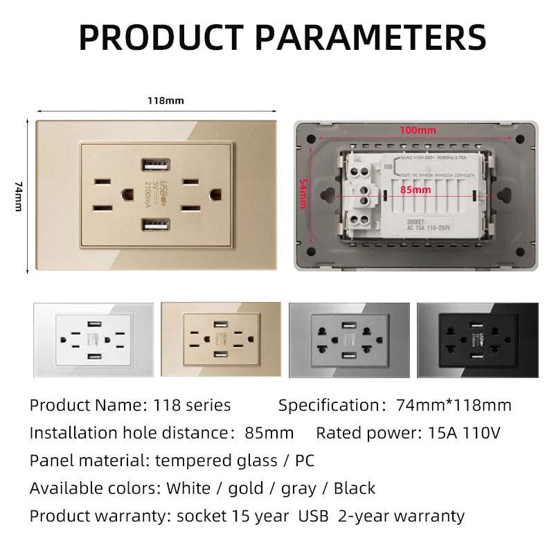 Herepow 118 Series Thailand American Standard مقبس حائطي مزدوج USB محول قابس الأجهزة المنزلية الذكية Type-c 3.1A شحن سريع