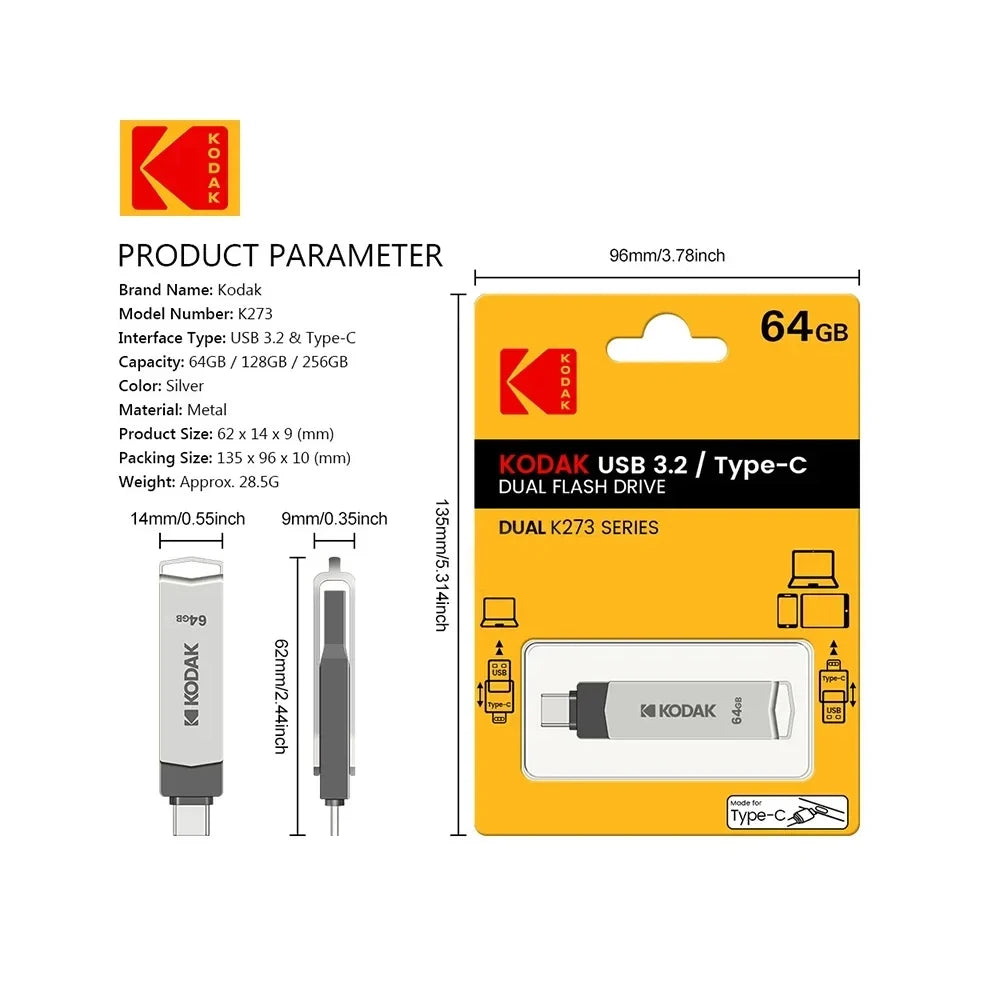 KODAK USB3.2 Type C Flash Drive 256GB 128GB 32GB Pendrive High Speed Dual Memory Stick For Smartphone Laptop