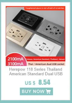 Herepow 118 Series Thailand American Standard Dual USB Wall Socket Smart Home Appliance Plug Adapter Type-c 3.1A Fast Charging