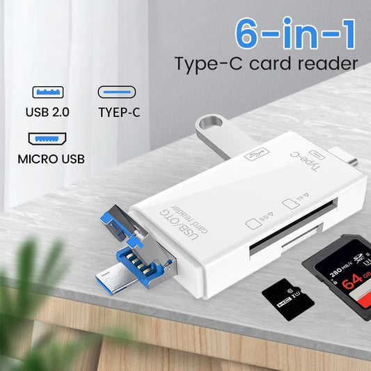 قارئ بطاقات Otg Type C وUSB 2.0 وTF وMicro SD ومحول ذاكرة فلاش ذكي وملحقات الهاتف المحمول الصغيرة 6 في 1