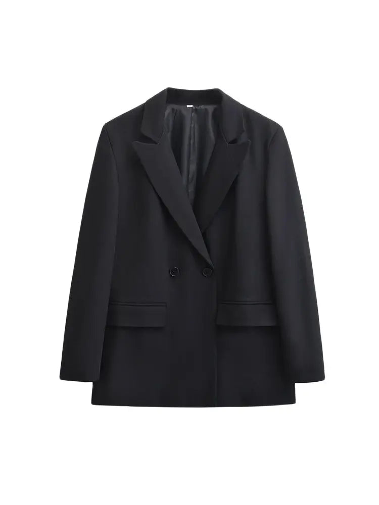 TRZA-Women's Double Breasted Office Wear Blazer Coat, Long Sleeve, Flap Pockets, Female Outerwear, Chic Tops, Fashion