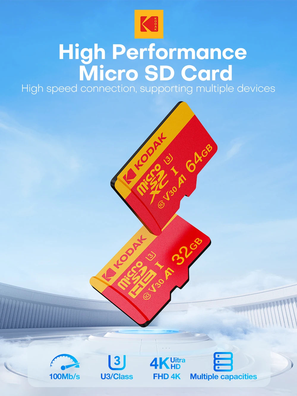 Carte mémoire MicroSDXC Kodak 32G 64G 128G 256G haute vitesse C10 4K V30 UHS-I pour smartphones, appareils photo, drones avec adaptateur