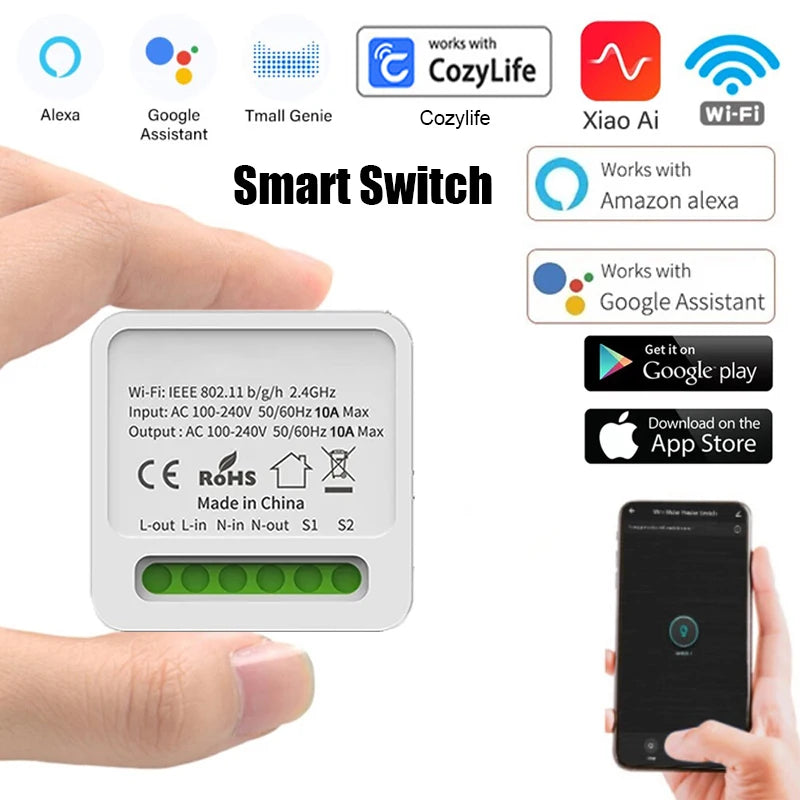 Interrupteur intelligent Wifi 16A Mini interrupteurs d'éclairage Wifi DIY prenant en charge le contrôle bidirectionnel Disjoncteur domestique intelligent sans fil Fonctionne avec l'application Cozylife