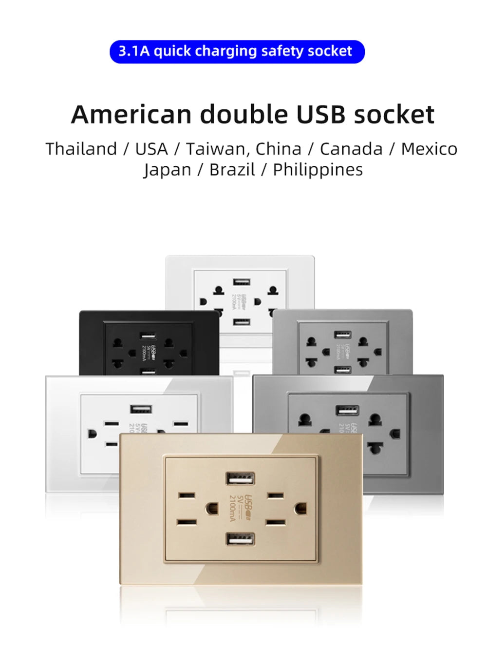 Herepow 118 Series Thailand American Standard Dual USB Wall Socket Smart Home Appliance Plug Adapter Type-c 3.1A Fast Charging