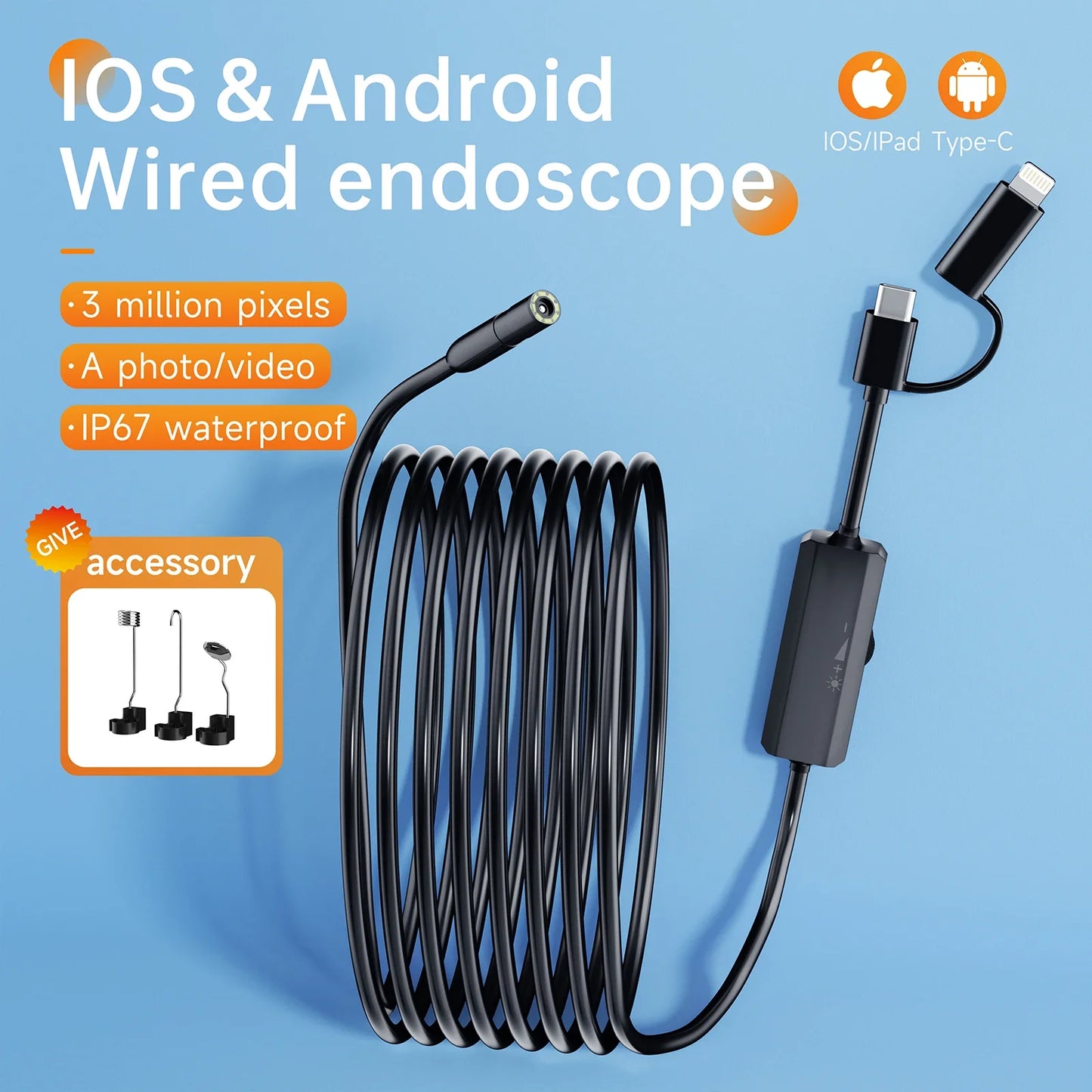 Endoscope 5,5/8 mm pour Android iPhone et smartphone IOS, outils d'inspection des égouts pour tuyaux de voiture, boroscope automobile, appareil de caméra endoscopique