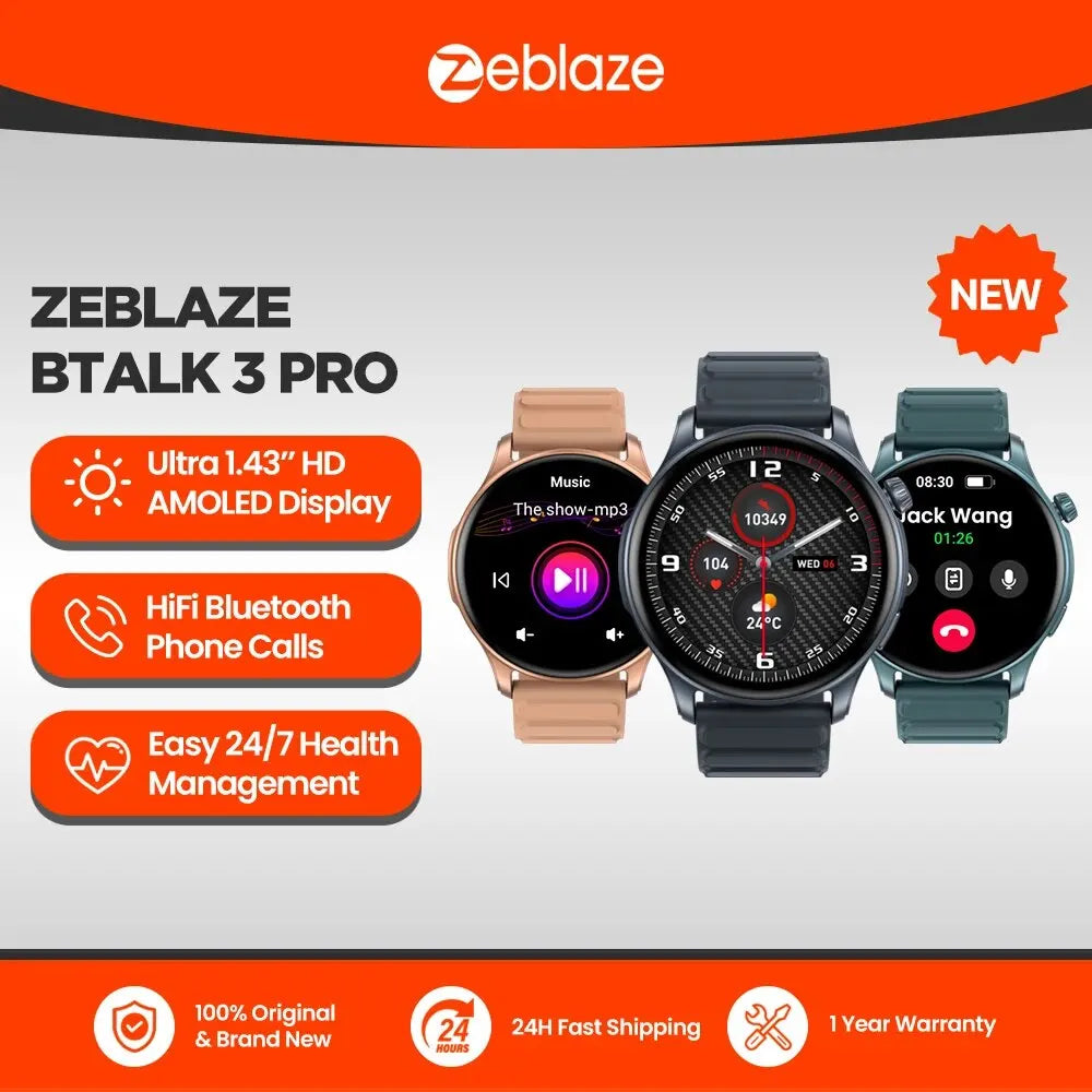 New Zeblaze Btalk 3 PRO 1.43" AMOLED Display Smart Watch Bluetooth Phone Callings Health and Fitness Tracking Smartwatch