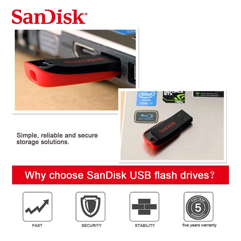 SanDisk CZ50 USB2.0 Pendrive 32GB 16GB 64GB USB Flash Drive Pen Drive U Disk Mini Flash Drive Cruzer Blade 100% Original