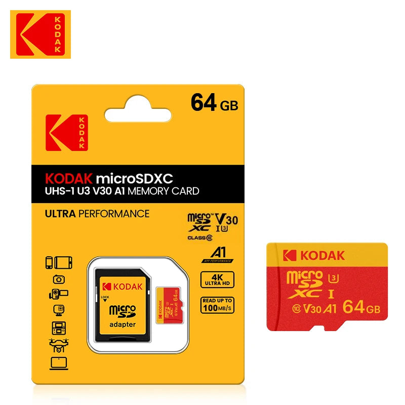 Carte mémoire MicroSDXC Kodak 32G 64G 128G 256G haute vitesse C10 4K V30 UHS-I pour smartphones, appareils photo, drones avec adaptateur