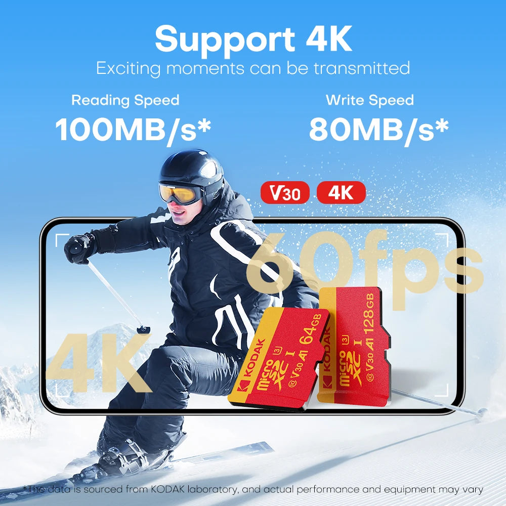 Carte mémoire MicroSDXC Kodak 32G 64G 128G 256G haute vitesse C10 4K V30 UHS-I pour smartphones, appareils photo, drones avec adaptateur