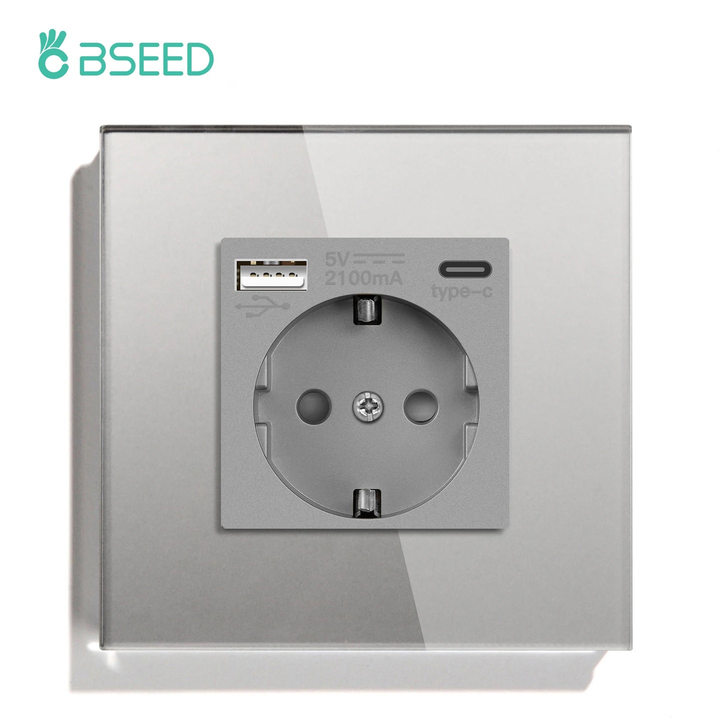 BSEED EU Standard Wall Electrical Sockets Type-C Outlets Wall Power Socket USB Charge Port Glass Panel Kids Protection 16A