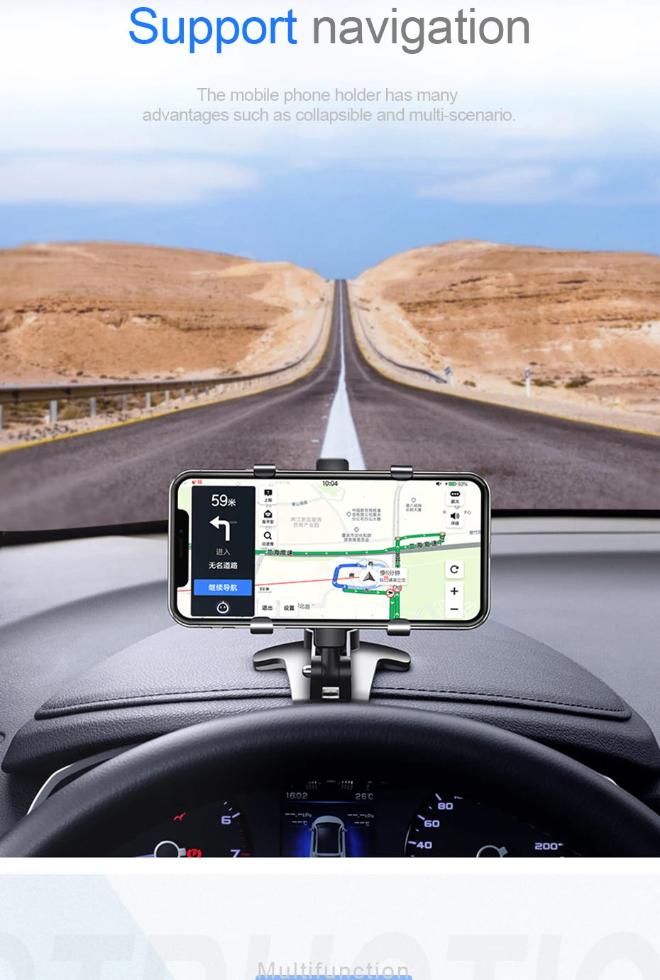 Support de téléphone de tableau de bord de voiture, rotation à 360 degrés, support de téléphone avec pince en caoutchouc, support universel pour smartphone de voiture pour la navigation