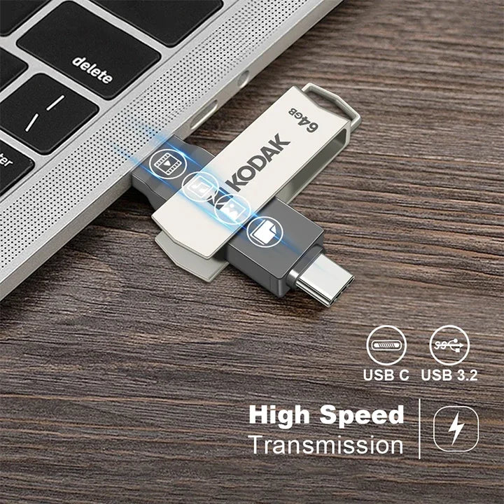 KODAK USB3.2 Type C Flash Drive 256GB 128GB 32GB Pendrive High Speed Dual Memory Stick For Smartphone Laptop