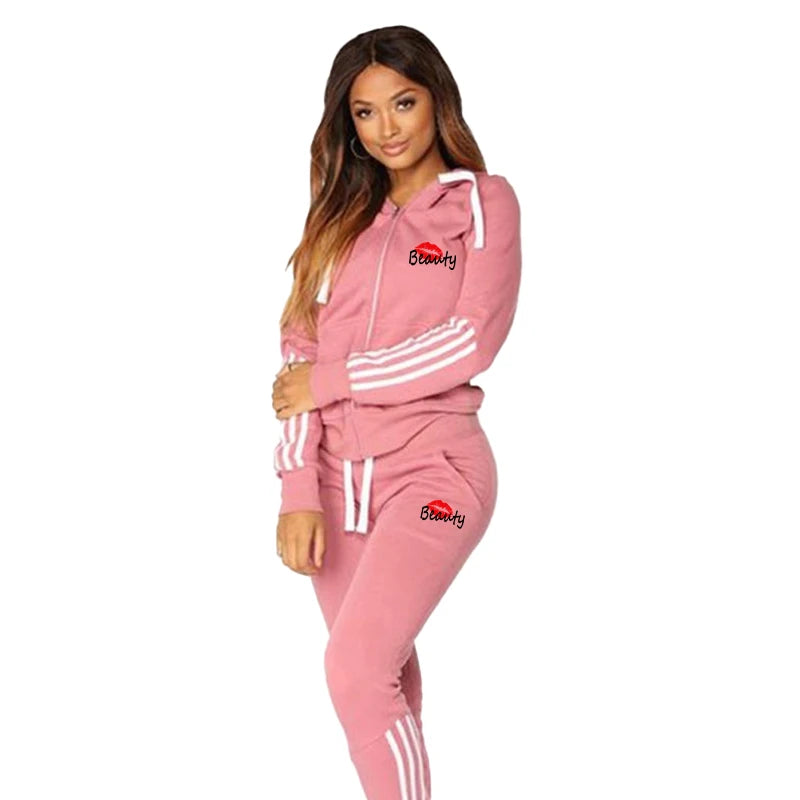 New Women's Printed Sportswear Set Full Zip Hoodie and Pants Casual Sports Set Winter 2-Piece Jogging Set