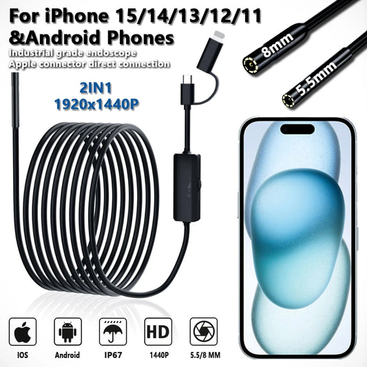 Endoscope 5,5/8 mm pour Android iPhone et smartphone IOS, outils d'inspection des égouts pour tuyaux de voiture, boroscope automobile, appareil de caméra endoscopique