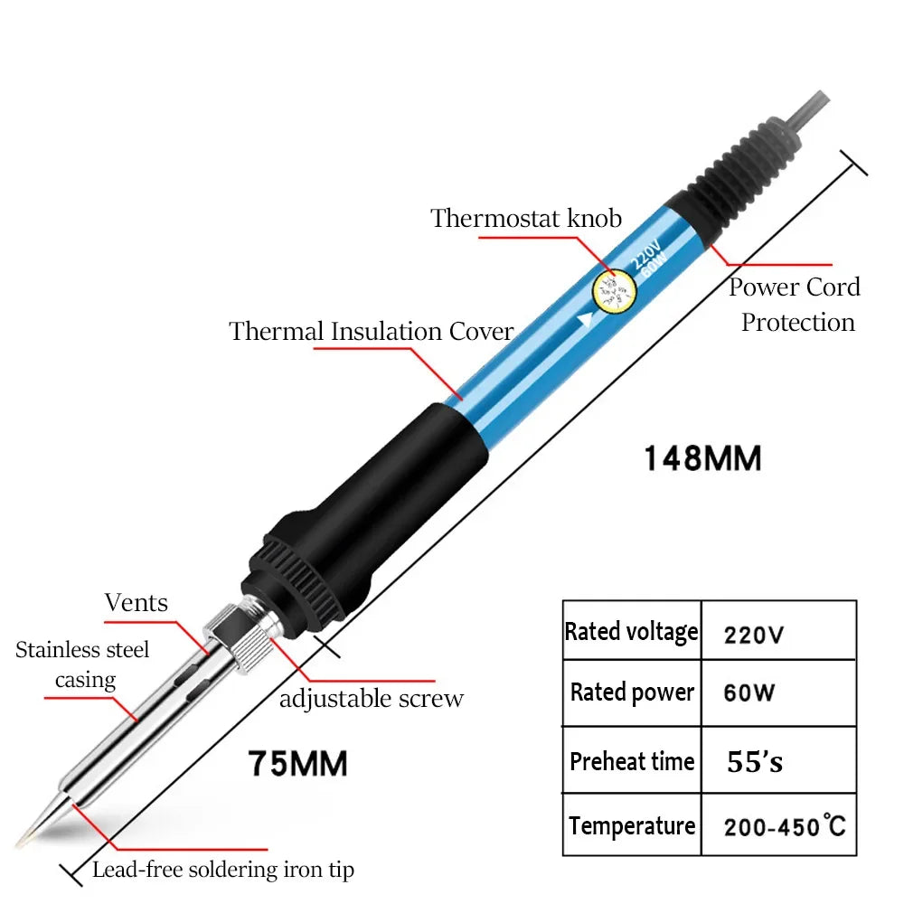 60W Adjustable Temperature Electric Soldering Iron  Welding Iron Rework Station Heat Pen Tips DIY Repair Tool