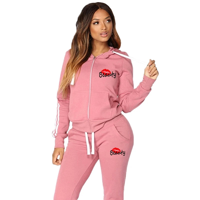 New Women's Printed Sportswear Set Full Zip Hoodie and Pants Casual Sports Set Winter 2-Piece Jogging Set