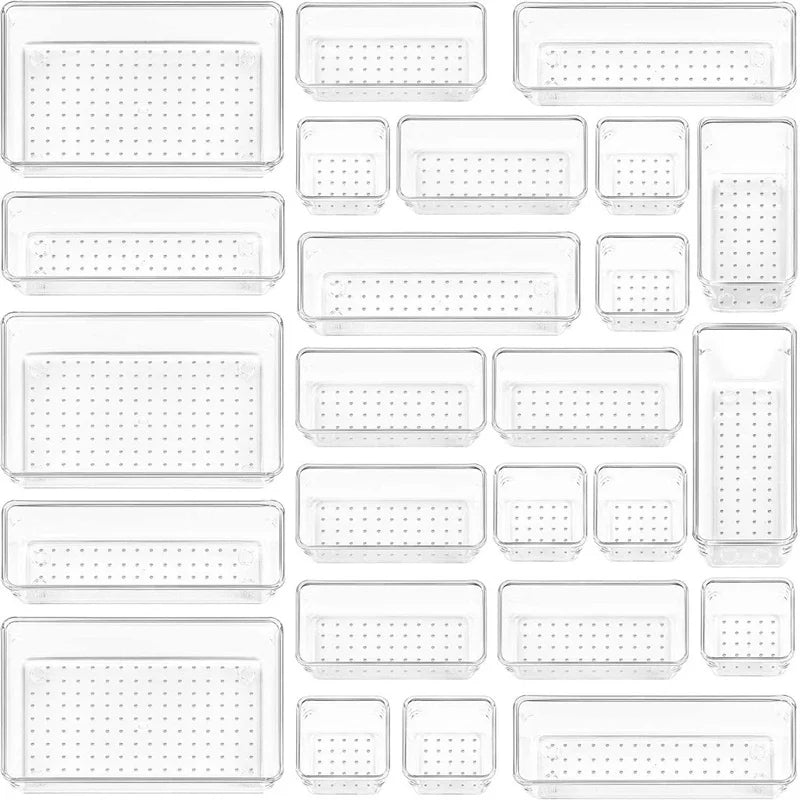 10-Piece Versatile Drawer Organizer Set - Clear Plastic Trays and Dividers in 4 Sizes for Perfect Makeup and Kitchen Storage