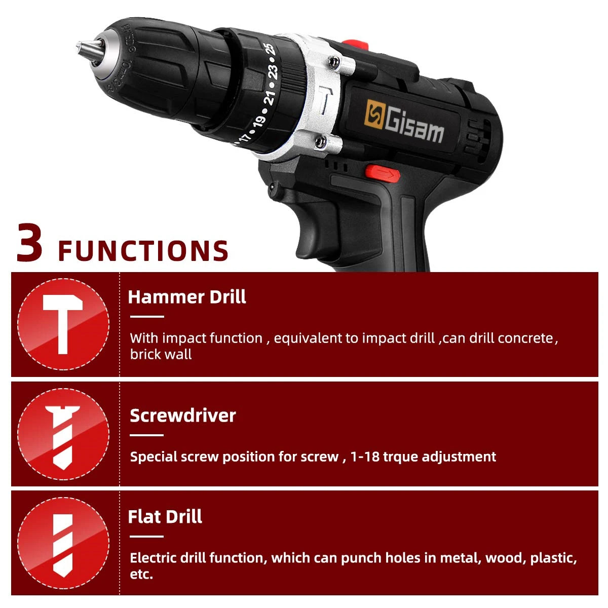 21V Cordless Impact Drill Electric Screwdriver Electric Hammer Drill Mini Wireless Hand Drill Lithium-Ion Battery Power Tools