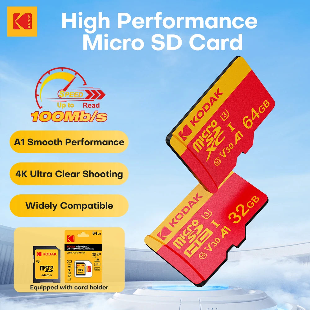 بطاقة ذاكرة Kodak MicroSDXC عالية السرعة C10 4K V30 UHS-I بسعة 32 جيجابايت و64 جيجابايت و128 جيجابايت و256 جيجابايت للهواتف الذكية والكاميرات والطائرات بدون طيار مع محول