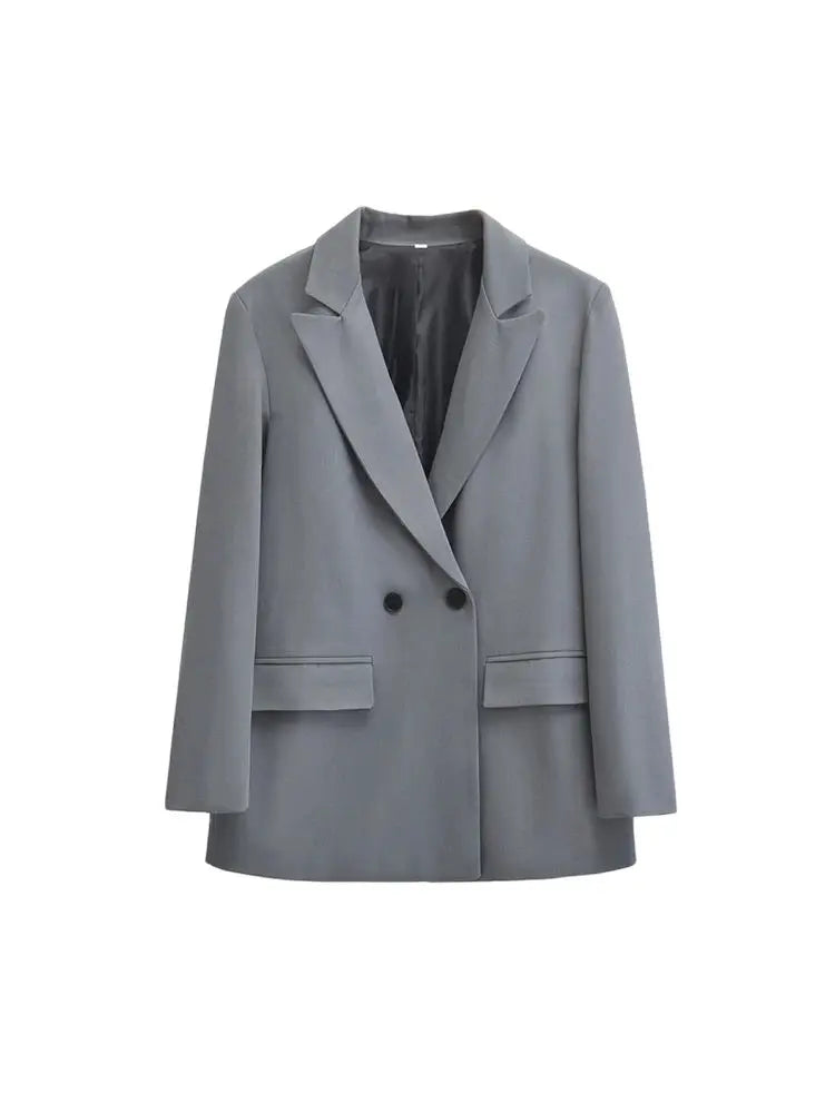 TRZA-Women's Double Breasted Office Wear Blazer Coat, Long Sleeve, Flap Pockets, Female Outerwear, Chic Tops, Fashion