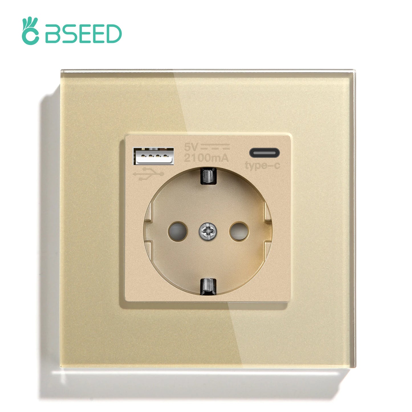 BSEED EU Standard Wall Electrical Sockets Type-C Outlets Wall Power Socket USB Charge Port Glass Panel Kids Protection 16A