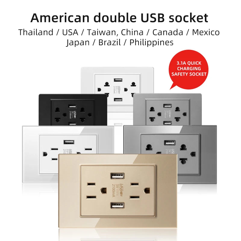 Herepow 118 Series Thailand American Standard مقبس حائطي مزدوج USB محول قابس الأجهزة المنزلية الذكية Type-c 3.1A شحن سريع