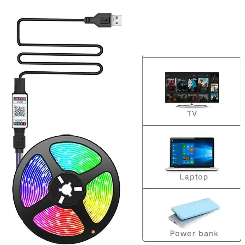 شريط LED USB 5V RGB APP وجهاز تحكم عن بعد بـ 24 مفتاحًا، مع أضواء الصمام الثنائي، مناسب لتزيين الجزء الخلفي من غرفة الكمبيوتر