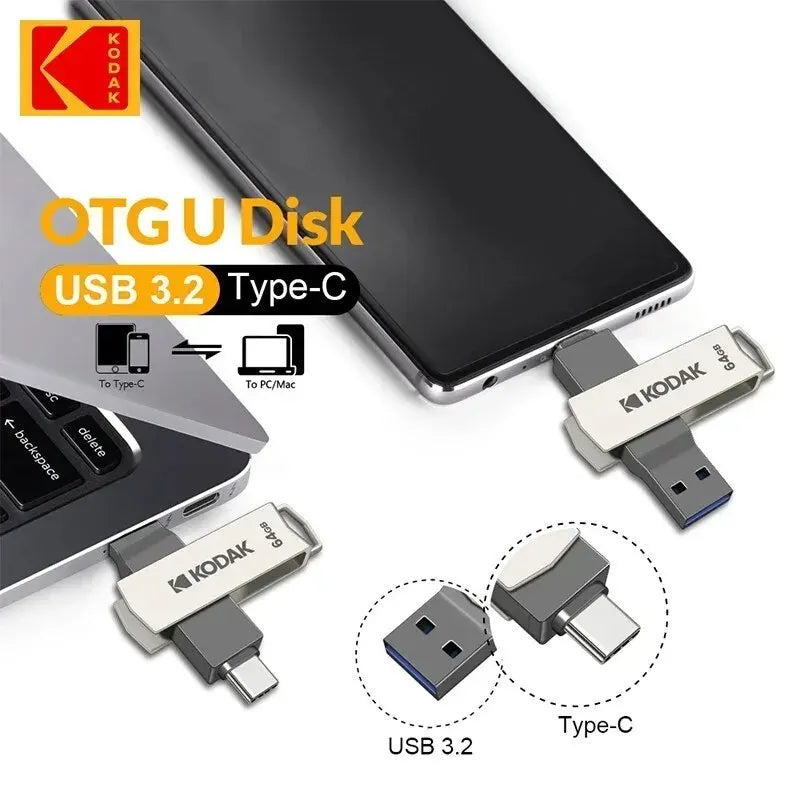 KODAK USB3.2 Type C Flash Drive 256GB 128GB 32GB Pendrive High Speed Dual Memory Stick For Smartphone Laptop