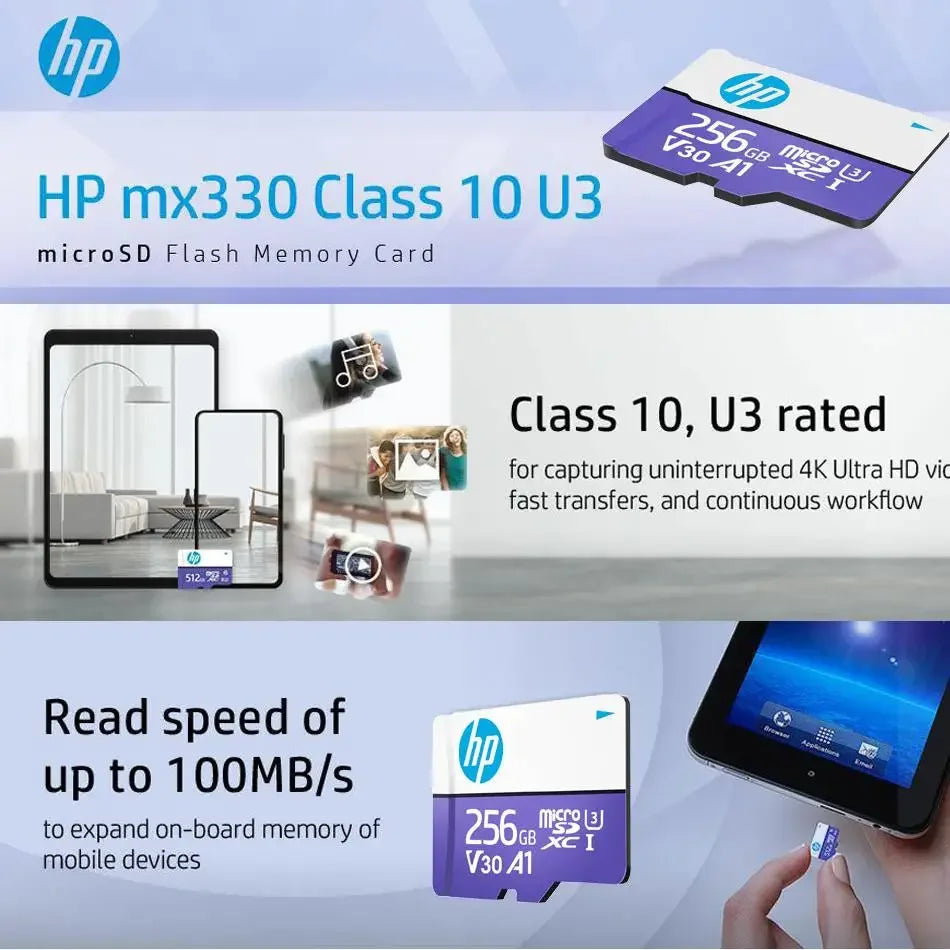 بطاقة ذاكرة HP Micro SD Class10 U3 MicroSD بسعة 64 جيجابايت و128 جيجابايت و256 جيجابايت وبطاقة فلاش SD/TF للهواتف الذكية والأجهزة اللوحية والكاميرا