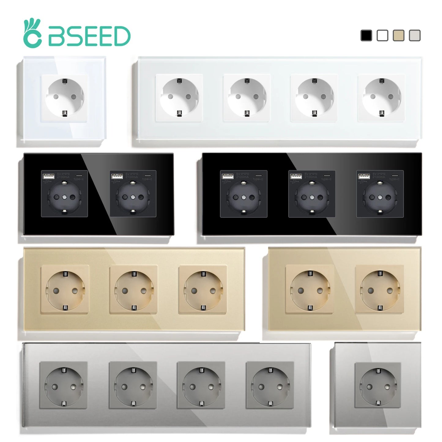 BSEED EU Standard Wall Electrical Sockets Type-C Outlets Wall Power Socket USB Charge Port Glass Panel Kids Protection 16A