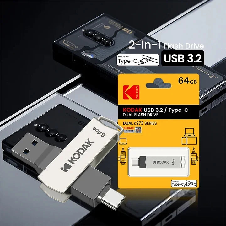 KODAK USB3.2 Type C Flash Drive 256GB 128GB 32GB Pendrive High Speed Dual Memory Stick For Smartphone Laptop