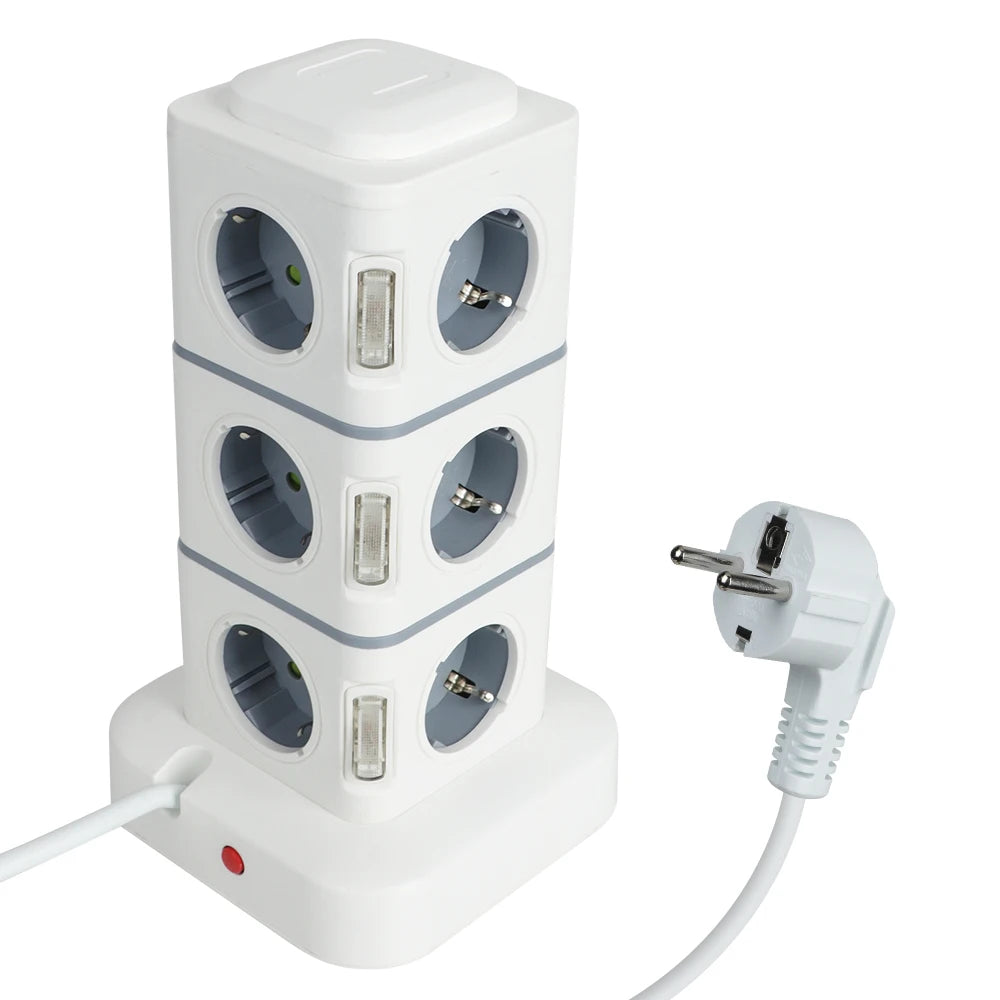 Tower 12 Way Outlets Socket Multi Power Strip Vertical 2.8m Extension Cord EU Plug with 4 USB Overload Protector Switch 220V 10A