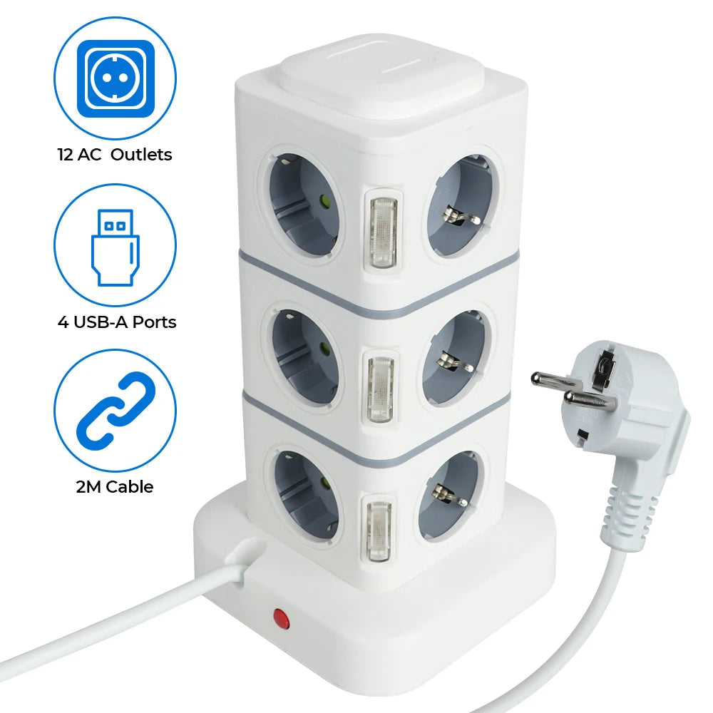 Tower 12 Way Outlets Socket Multi Power Strip Vertical 2.8m Extension Cord EU Plug with 4 USB Overload Protector Switch 220V 10A