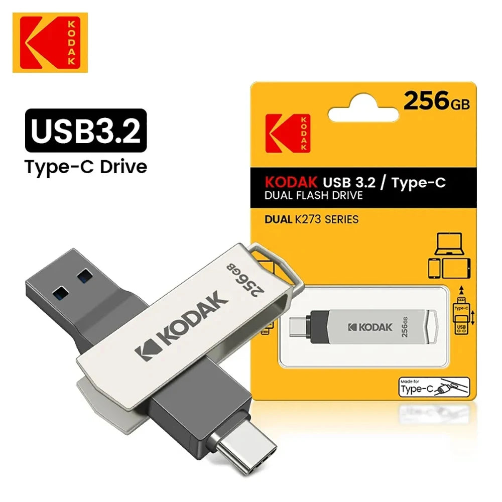 KODAK USB3.2 Type C Flash Drive 256GB 128GB 32GB Pendrive High Speed Dual Memory Stick For Smartphone Laptop