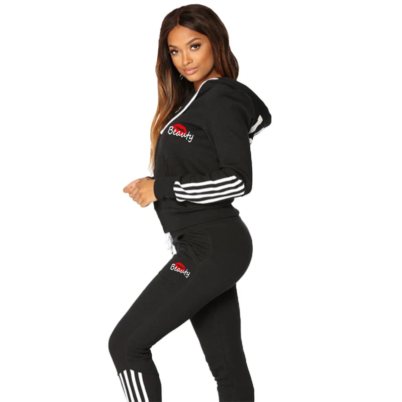 New Women's Printed Sportswear Set Full Zip Hoodie and Pants Casual Sports Set Winter 2-Piece Jogging Set