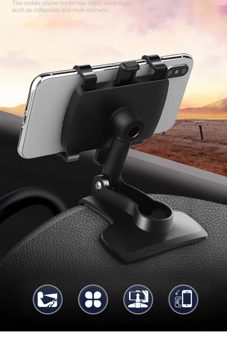 Support de téléphone de tableau de bord pour voiture, rotation à 360 degrés, support de téléphone avec pince en caoutchouc, support universel pour smartphone de voiture pour la navigation