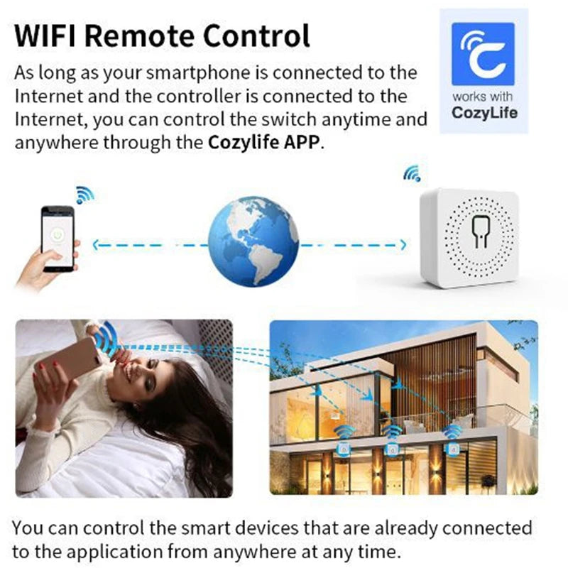 Interrupteur intelligent Wifi 16A Mini interrupteurs d'éclairage Wifi DIY prenant en charge le contrôle bidirectionnel Disjoncteur domestique intelligent sans fil Fonctionne avec l'application Cozylife