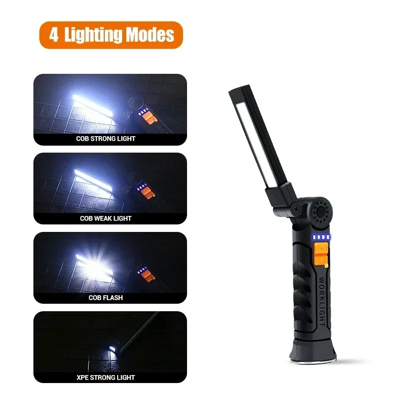 Lampe de poche USB rechargeable avec batterie intégrée, lampe de travail à LED pour camping avec base magnétique, 5 modes pour la maison, le camping en plein air