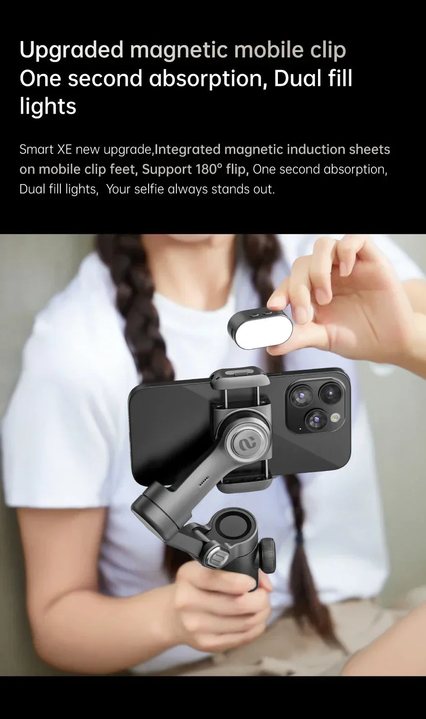 VIKEFON Stabilisateur de cardan portatif à 3 axes pour smartphone avec lumière de remplissage pour iPhone Android Suivi du visage Tiktok Vlog Smart XE