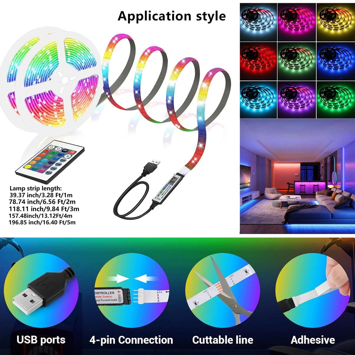 شريط LED USB 5V RGB APP وجهاز تحكم عن بعد بـ 24 مفتاحًا، مع أضواء الصمام الثنائي، مناسب لتزيين الجزء الخلفي من غرفة الكمبيوتر