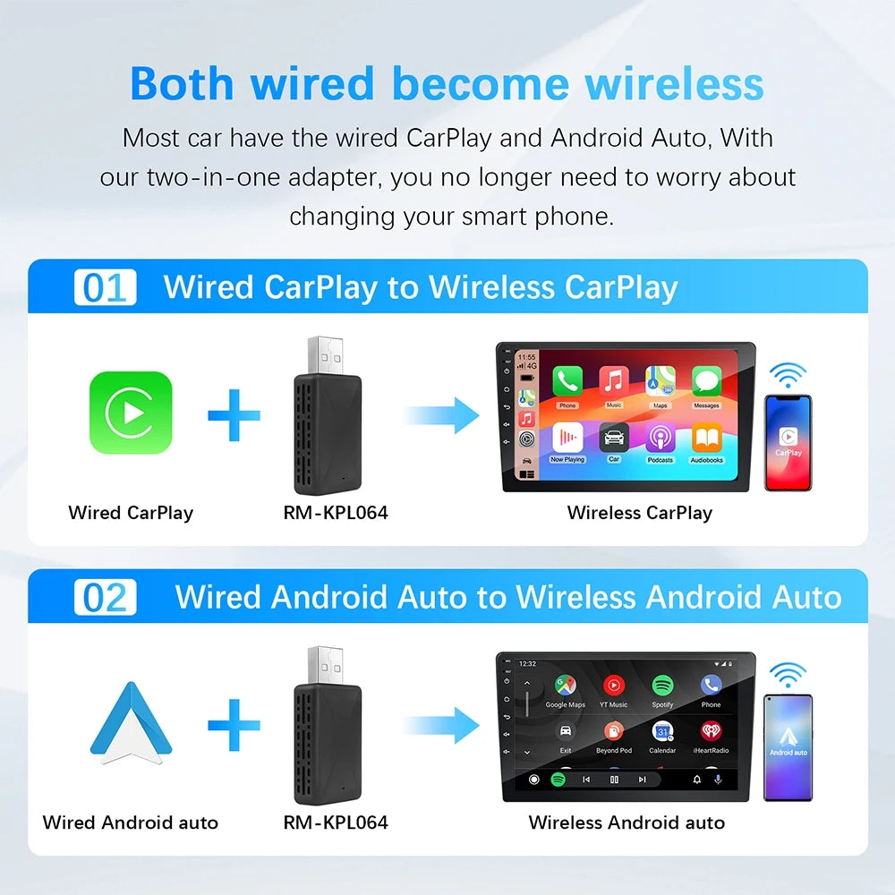 Adaptateur sans fil Carplay Android Auto 2 en 1 Smart Dongle 2025 5G WIFI pour iPhone Téléphone Android pour Volvo Benz Mg Kia Chery VW