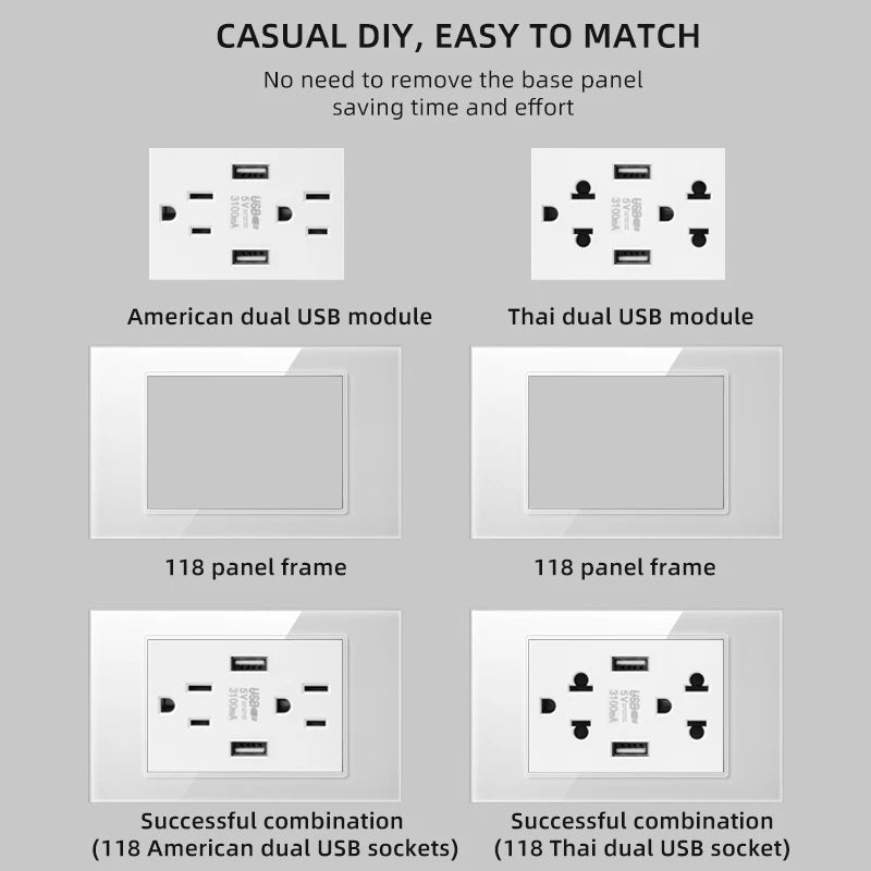 Herepow 118 Series Thailand American Standard مقبس حائطي مزدوج USB محول قابس الأجهزة المنزلية الذكية Type-c 3.1A شحن سريع