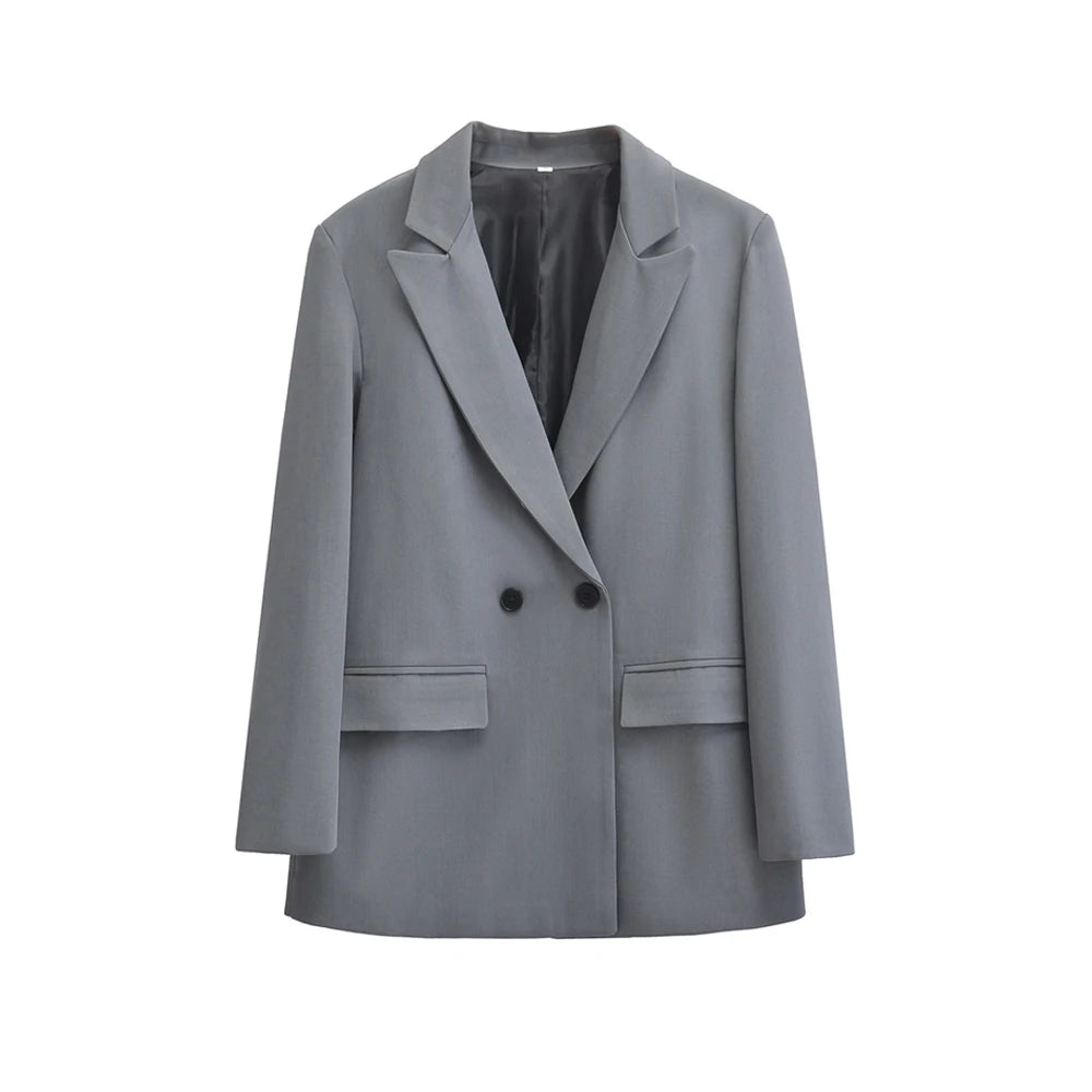 TRZA-Women's Double Breasted Office Wear Blazer Coat, Long Sleeve, Flap Pockets, Female Outerwear, Chic Tops, Fashion