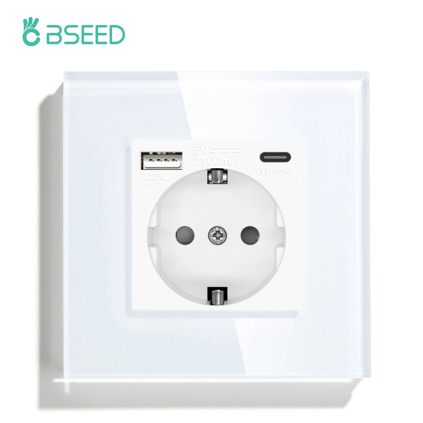 BSEED EU Standard Wall Electrical Sockets Type-C Outlets Wall Power Socket USB Charge Port Glass Panel Kids Protection 16A