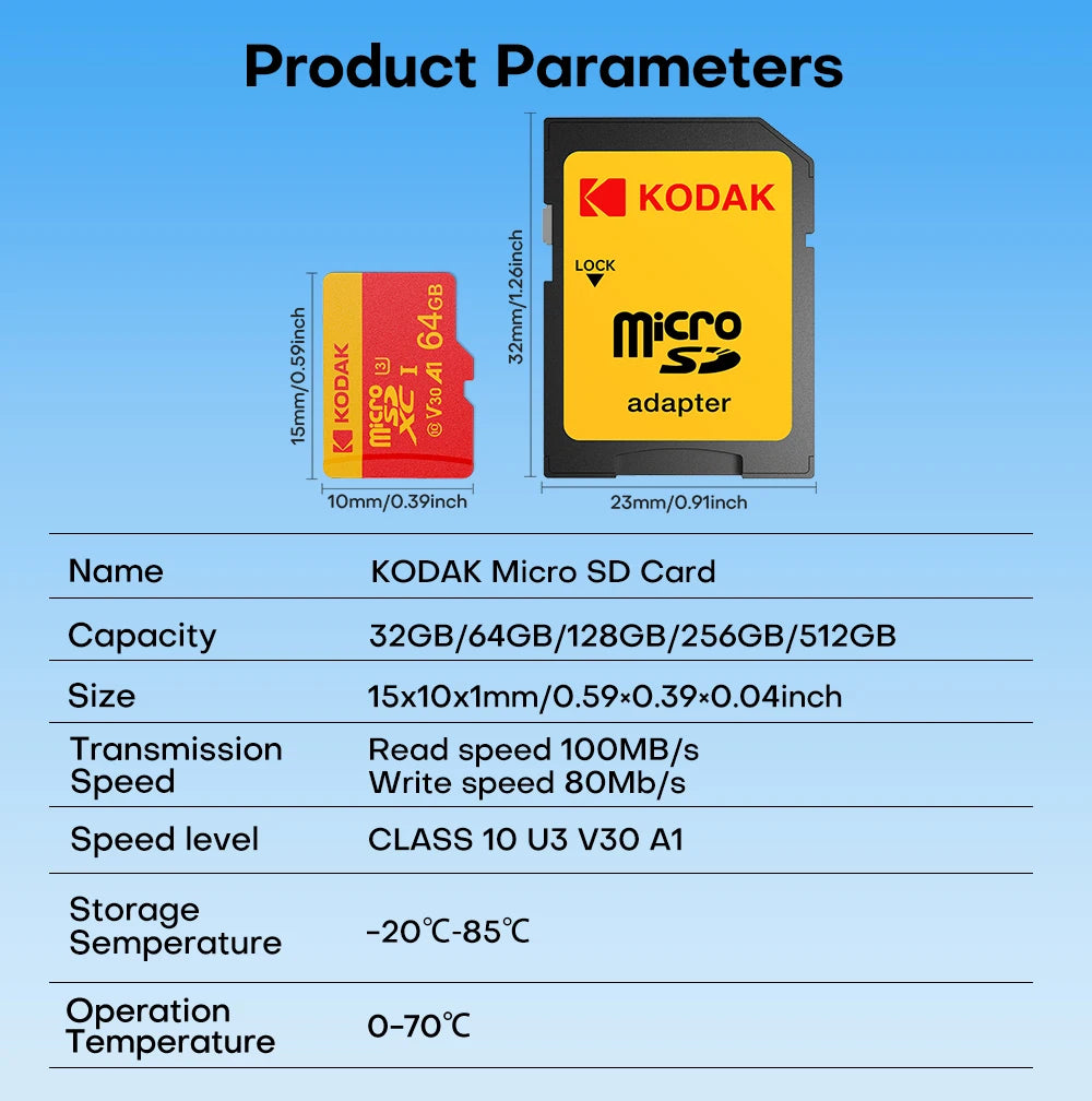 بطاقة ذاكرة Kodak MicroSDXC عالية السرعة C10 4K V30 UHS-I بسعة 32 جيجابايت و64 جيجابايت و128 جيجابايت و256 جيجابايت للهواتف الذكية والكاميرات والطائرات بدون طيار مع محول