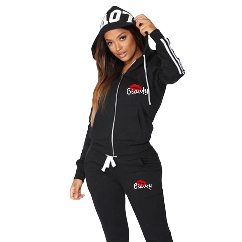 New Women's Printed Sportswear Set Full Zip Hoodie and Pants Casual Sports Set Winter 2-Piece Jogging Set