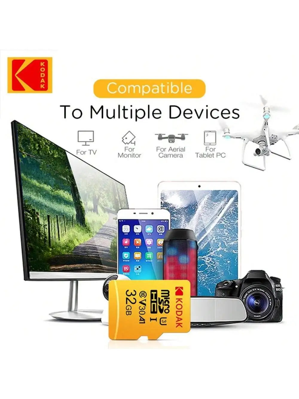 بطاقة ذاكرة Kodak Micro SD بسعة 32 جيجابايت - 256 جيجابايت - فئة عالية السرعة U3 UHS-I للهواتف الذكية والكاميرات الرقمية والأجهزة اللوحية والطائرات بدون طيار Chri