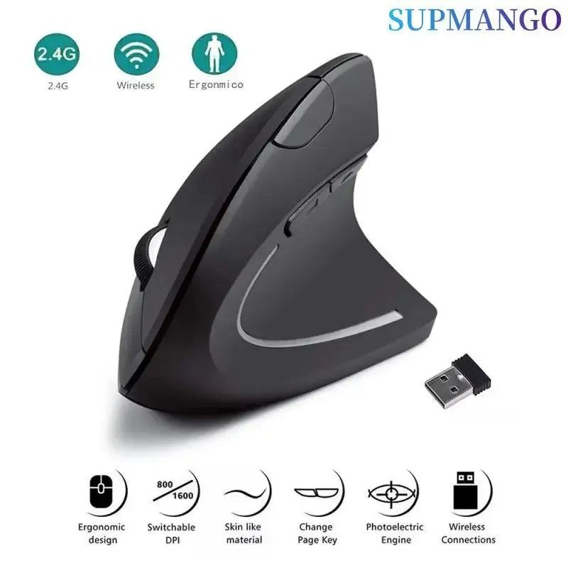 Souris verticale ergonomique sans fil 2,4 GHz, souris optique 3 DPI réglables 800/1200/1600, 6 boutons pour ordinateur portable, ordinateur de bureau